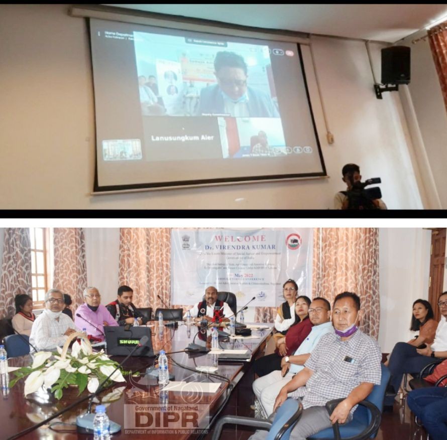 Union Minister, Dr Virendra Kumar interacting with the district administration of Kiphire via video conference at Niathu Resort, Chümoukedima on May 20. (DIPR Photo)